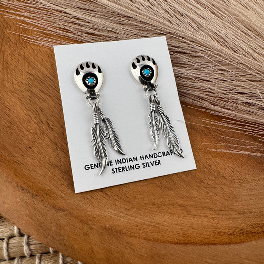 Turquoise Bearpaw Feather Stud Earrings