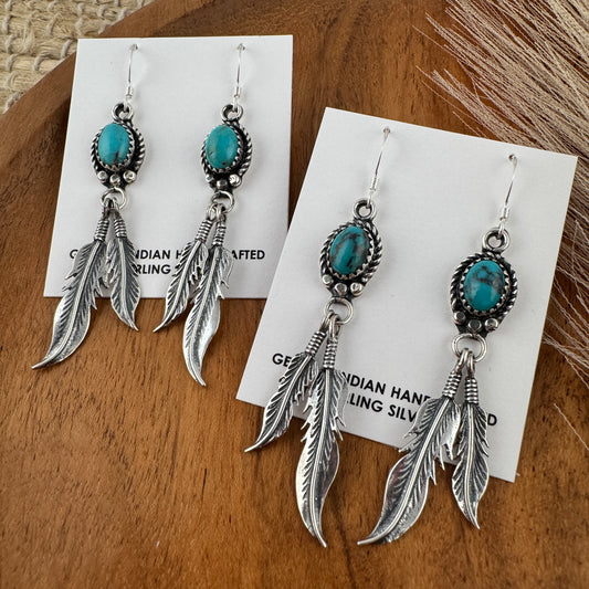 Kingman Turquoise Double Feather Earrings