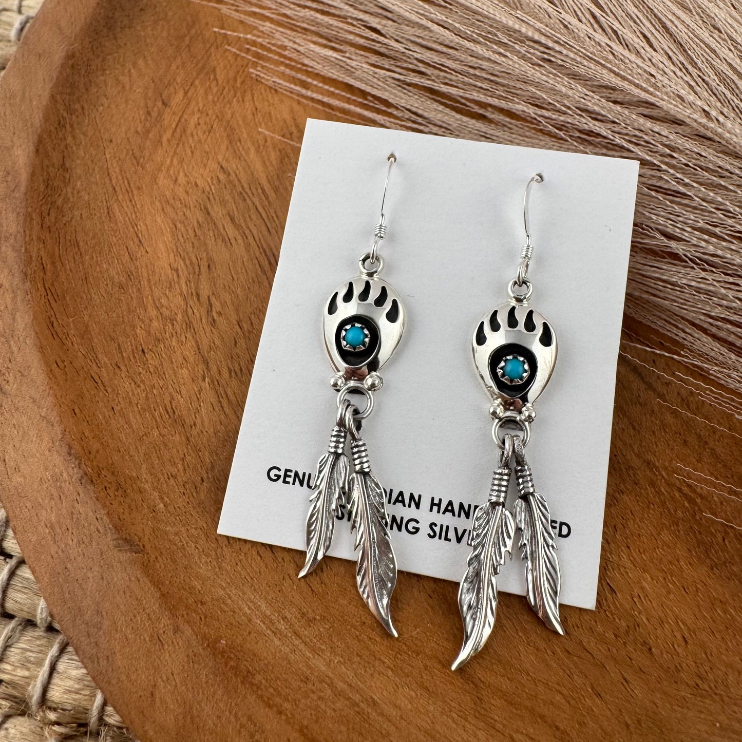 Turquoise Bearpaw Feather Dangle Earrings