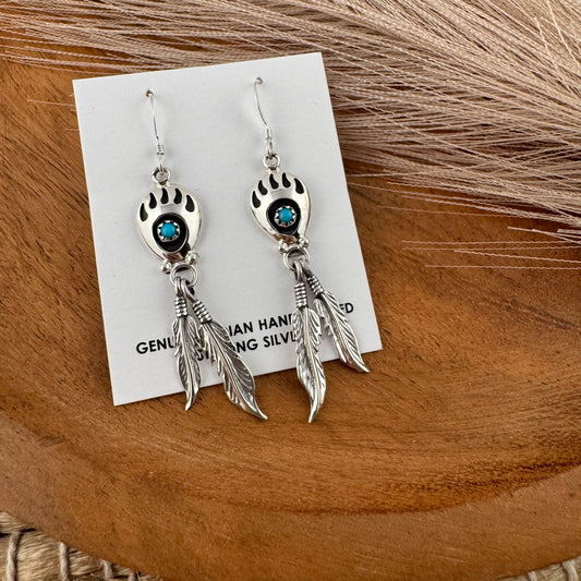 Turquoise Bearpaw Feather Dangle Earrings