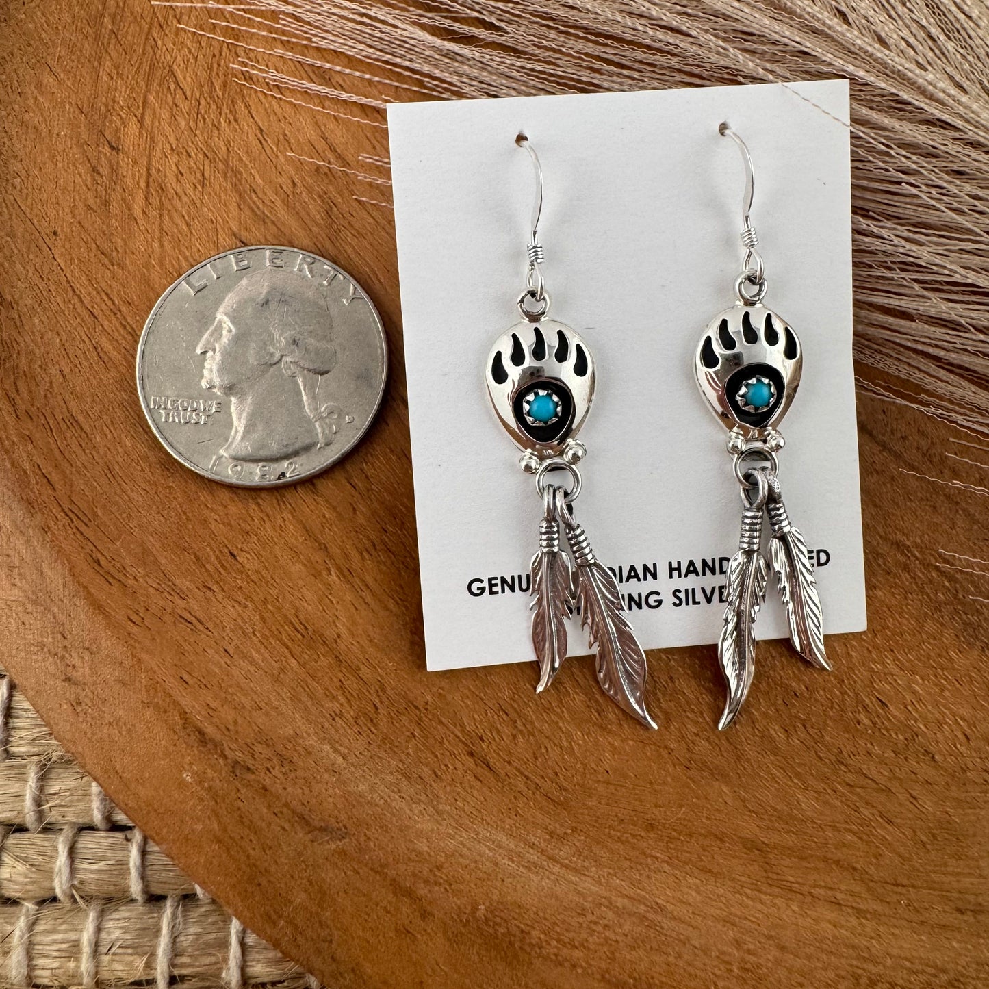 Turquoise Bearpaw Feather Dangle Earrings