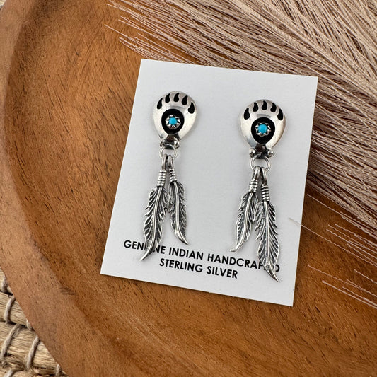 Turquoise Bearpaw Feather Stud Earrings