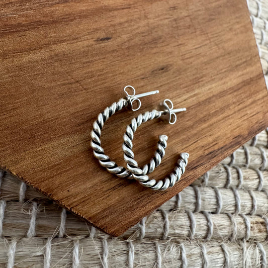 Sterling Silver Twisted Oxidized Hoop Earrings