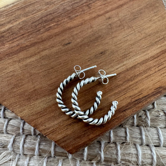 Sterling Silver Twisted Oxidized Hoop Earrings