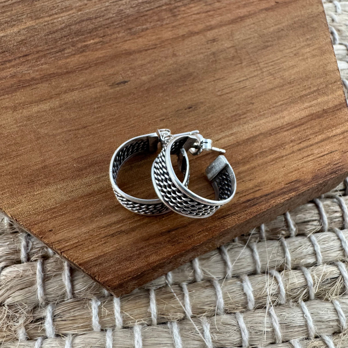 Sterling Silver Wide Band Rope Hoop Earrings