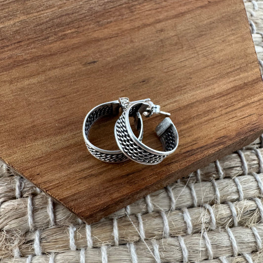 Sterling Silver Wide Band Rope Hoop Earrings